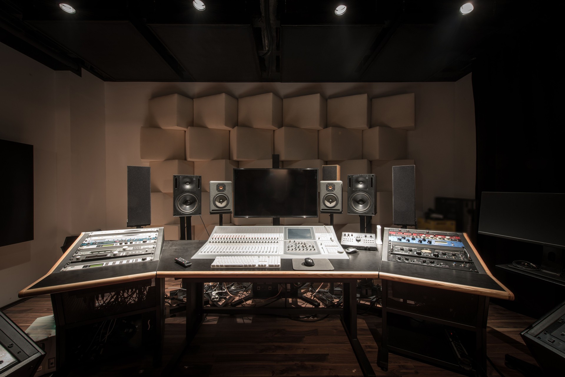 Front view of control desk in music studio