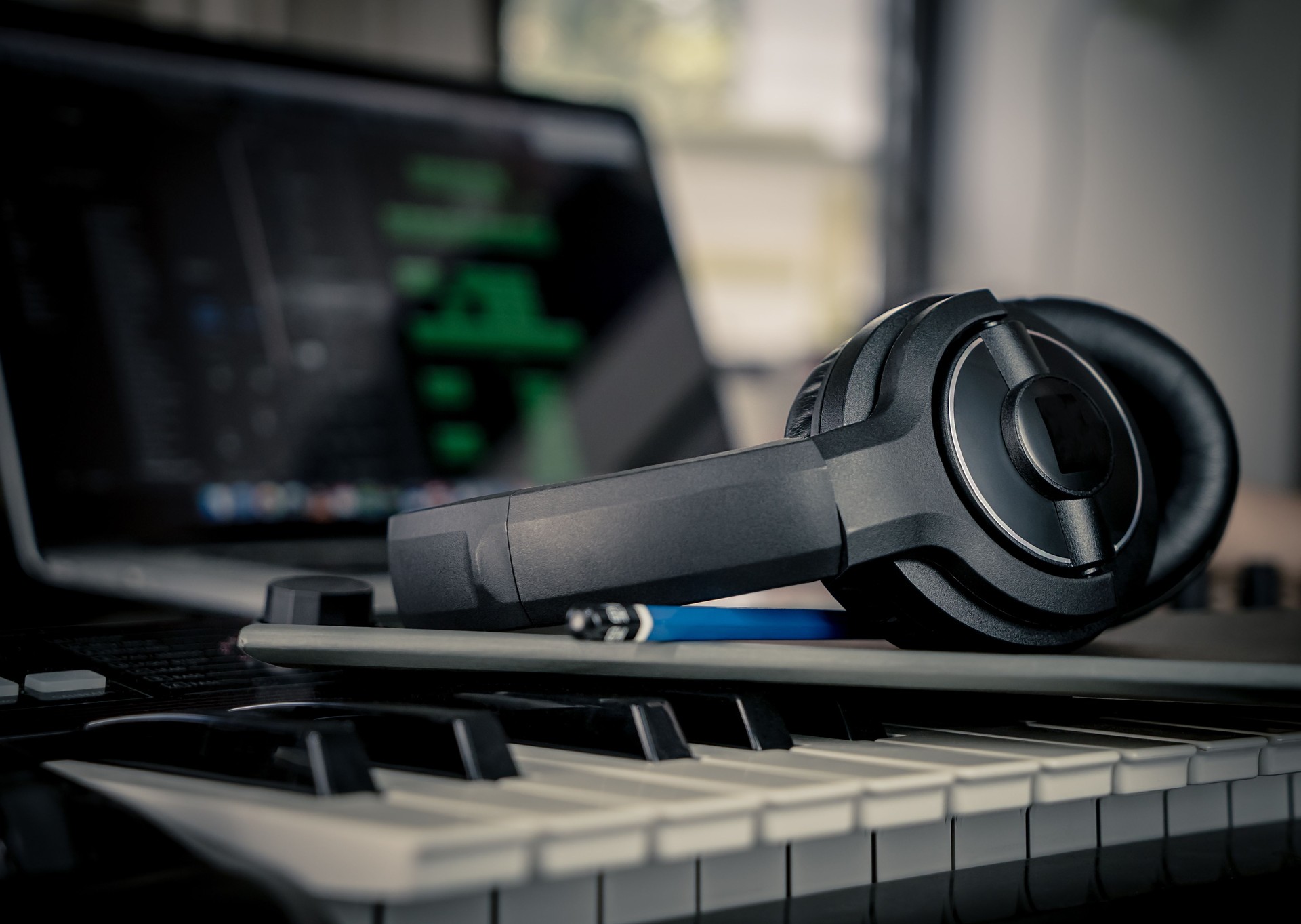 Musician prepare to compose new song in home studio